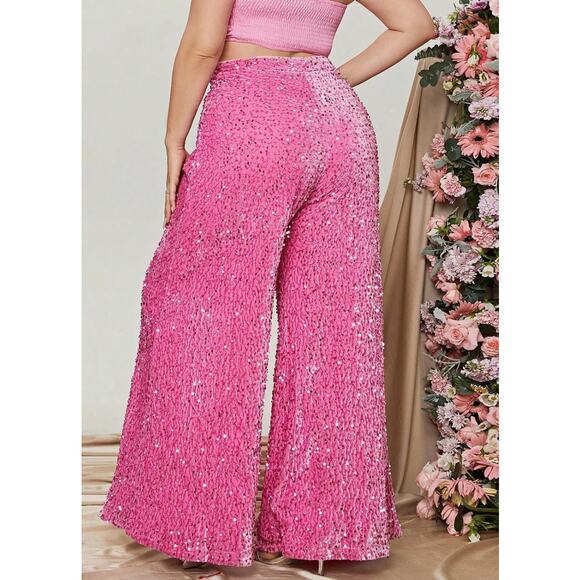 Faeriesty Retro Pink Sequin Lined Velour Wide Leg Bell Bottom Pants XS - Picture 2 of 6